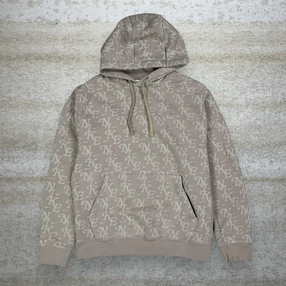 Vintage Y2K Nike Hoodie Mens L Light Brown All Over Print Swoosh Cotton Pullover - Picture 1 of 4